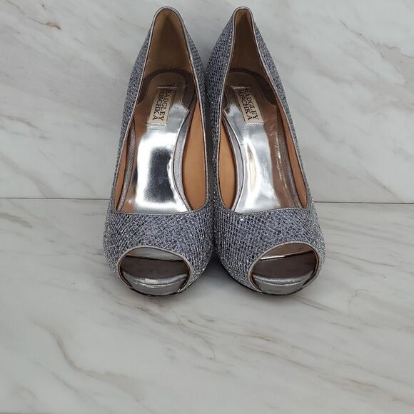 Badgley Mischka Women's‎ Silver Humbie II Smoke Glitter Peep Toe Heels Size 10 - Picture 2 of 7
